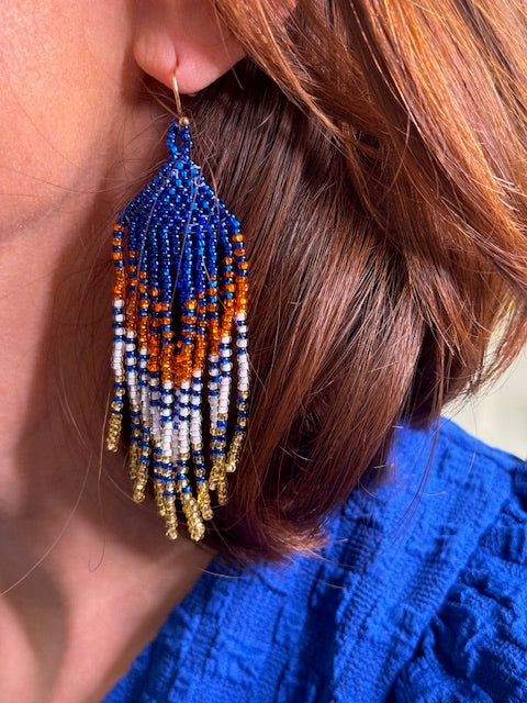 Que Color Blue, Orange and White Long Beaded Earrings