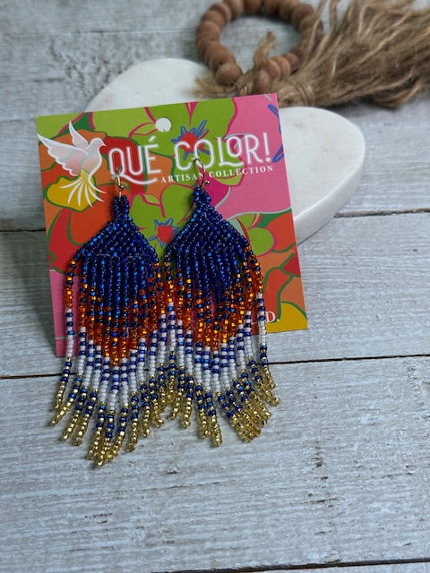 Que Color Blue, Orange and White Long Beaded Earrings