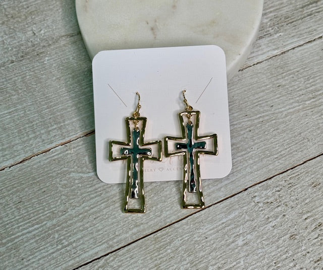 2 Tone Cross Dangle Earrings